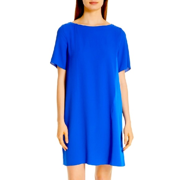 eileen fisher bateau neck silk dress Eileen Fisher - Women's Pleated Silk Bateau Neck Dress - Blue